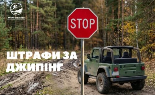 Green off-road jeep in a forest next to a stop sign; large Cyrillic text reads 'ШТРАФИ ЗА ДЖИПИНГ' and a small logo in the corner, indicating penalties for jeep driving.