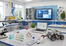 Bright science classroom lab benches with microscopes, glassware, a laptop, and a small robot on the front table.