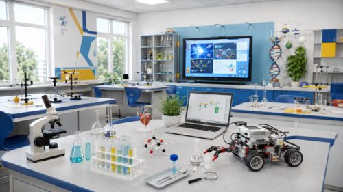 Bright science classroom lab benches with microscopes, glassware, a laptop, and a small robot on the front table.