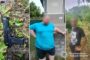 Triptych: left—gun on damp leaves; center—a man in blue shirt by a wall; right—a man in black shirt outdoors; Ukraine police watermark.