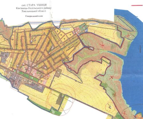 Cadastral map showing parcel boundaries, streets, and surrounding water on the right, labeled in Cyrillic.
